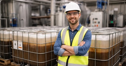 Worker with wastewater totes
